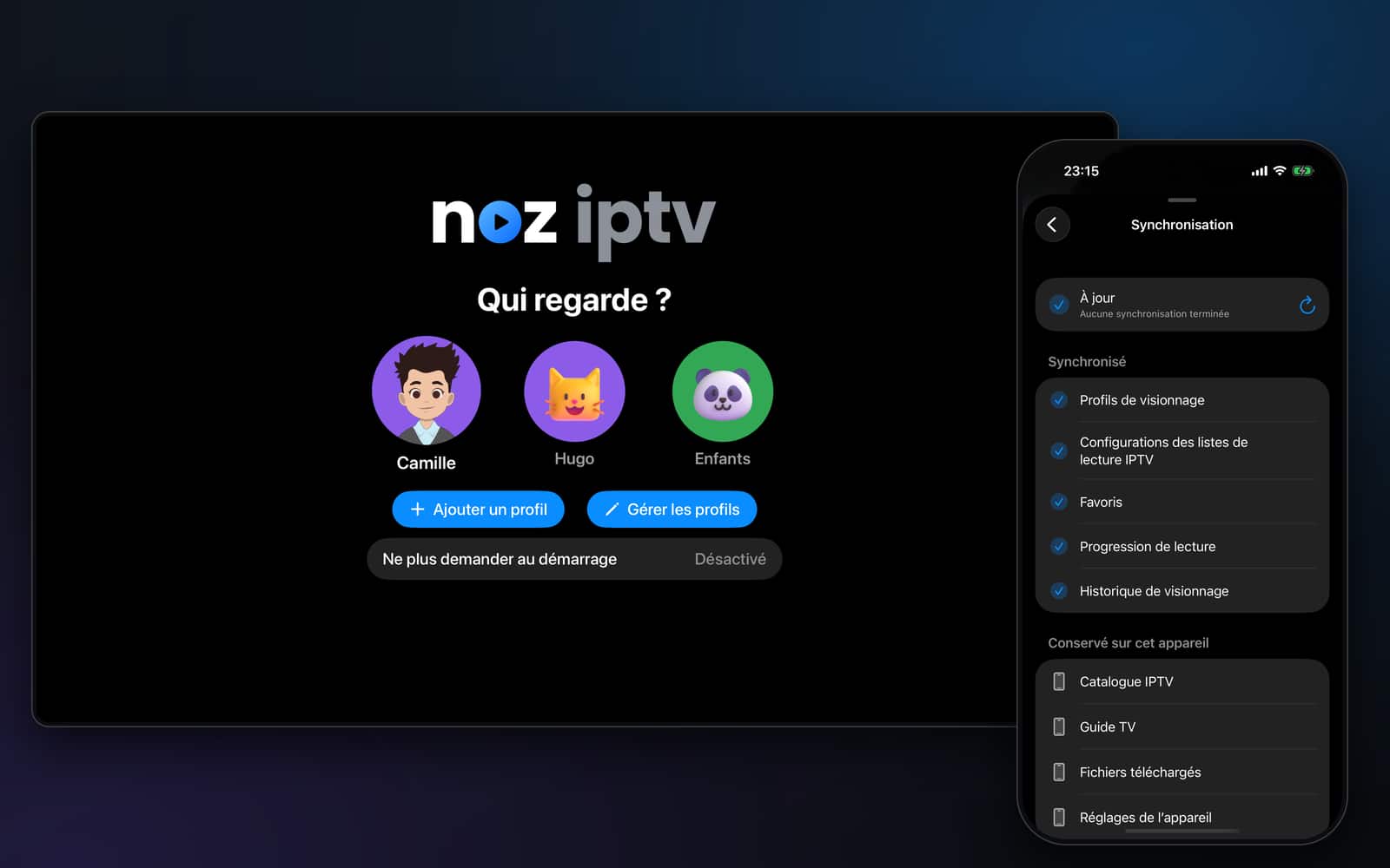 Noz IPTV screen: Profiles and sync